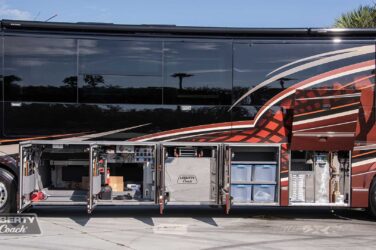 2018 Liberty Coach #897-A exterior driver side undercarriage open mechanical bays of motorcoach