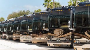 Liberty Coach Florida Dealership - Several Elegant Lady Motorcoaches in a Row