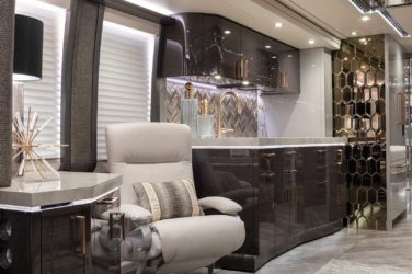 2020 Elegant Lady #863 motorcoach interior view of side chairs and table