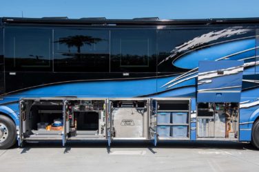 2021 Elegant Lady #866 exterior driver side undercarriage open mechanical and storage bays of motorcoach