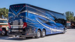 2021 Elegant Lady #866 exterior entry side rear view of motorcoach on the lot