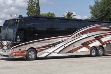 2022 Elegant Lady #878 exterior driver side front view of motorcoach on the lot