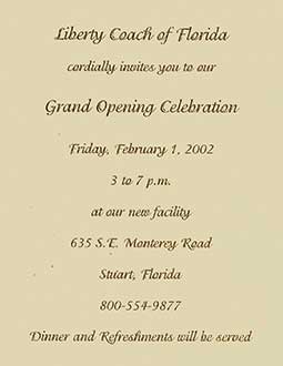 Invite to the new Liberty Coach Florida Facility