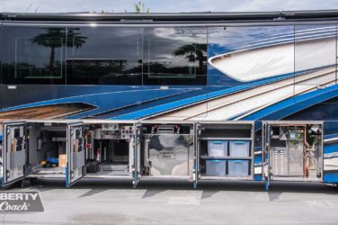 2023 Elegant Lady #894 exterior driver side undercarriage open mechanical and storage bays of motorcoach