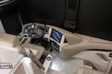 2023 Elegant Lady 896 motorcoach interior cockpit with driver seat and dashboard area